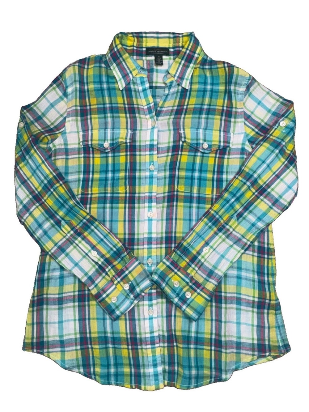 Lauren Ralph Lauren Womens M Plaid Cotton Button Down Shirt Roll Tab Green Blue